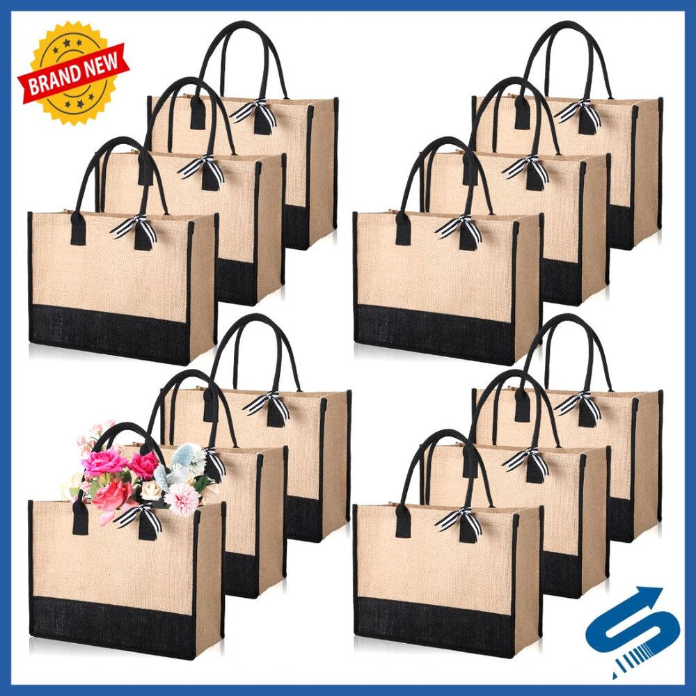 Natural Jute Tote Bags Set Large Reusable Burlap Beach Shopping Gift Bags